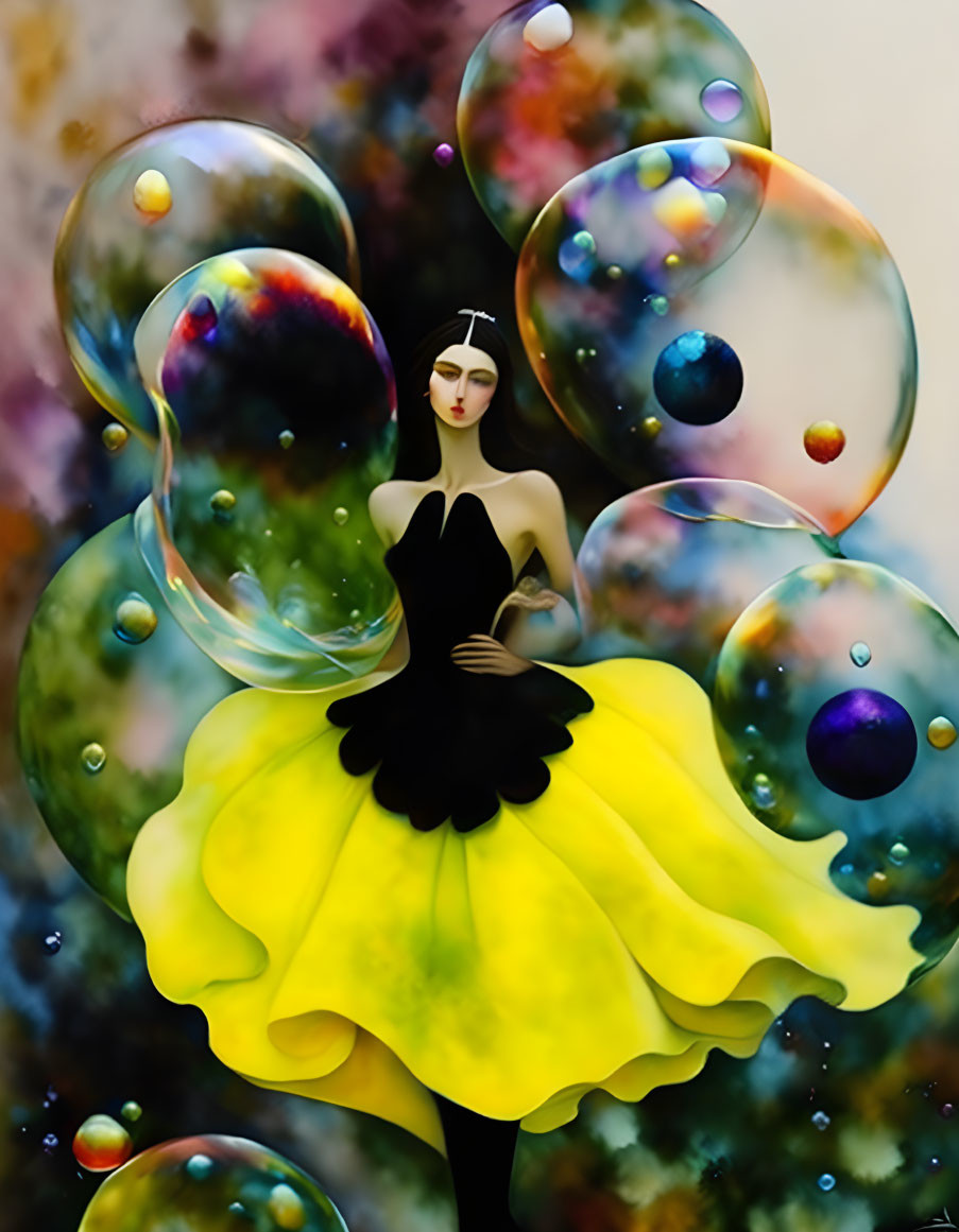 Illustrated woman in yellow and black dress surrounded by celestial bubbles