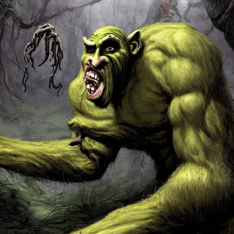 Muscular green ogre with tusks in dark forest setting