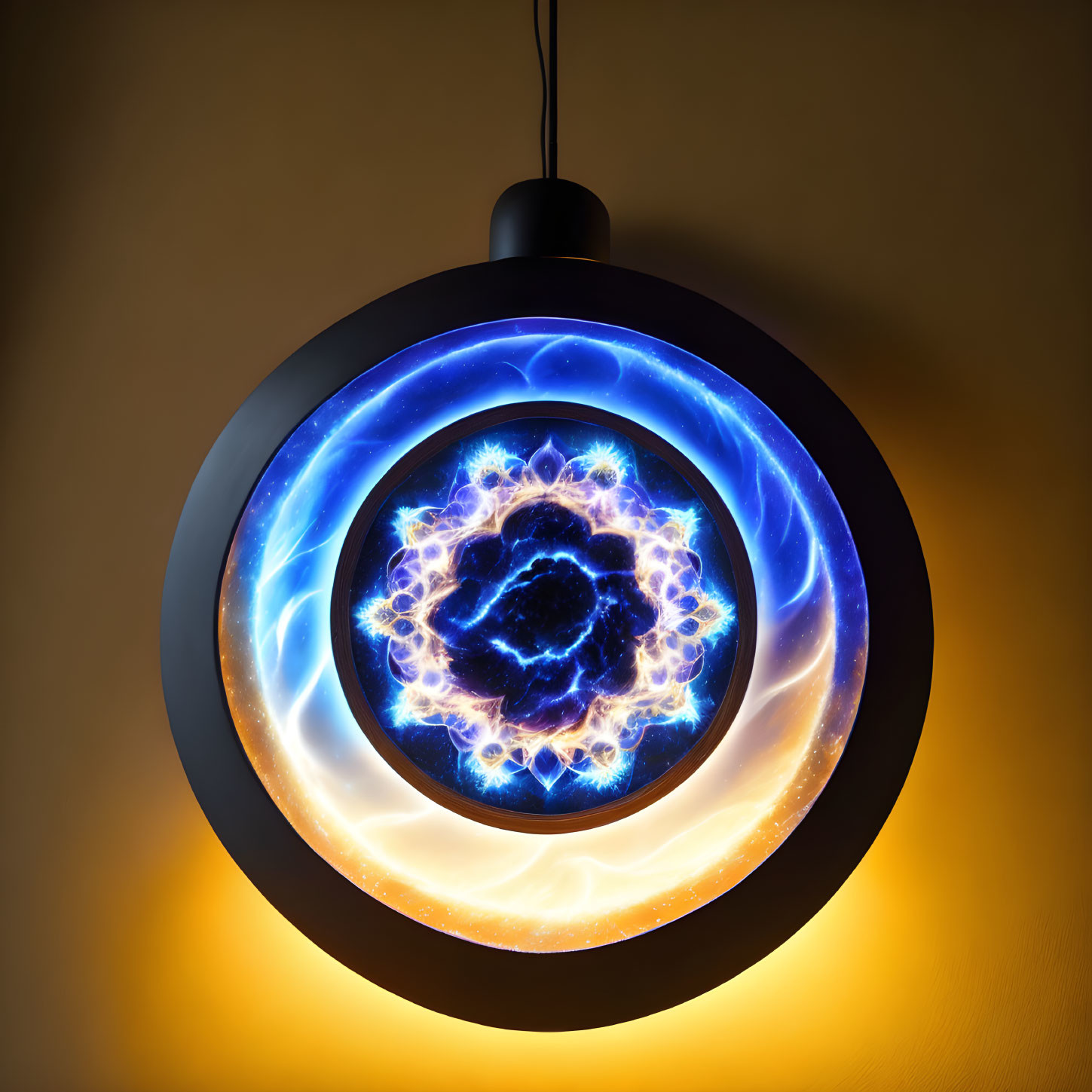 Circular Blue Plasma Ceiling Lamp on Warm Yellow Background