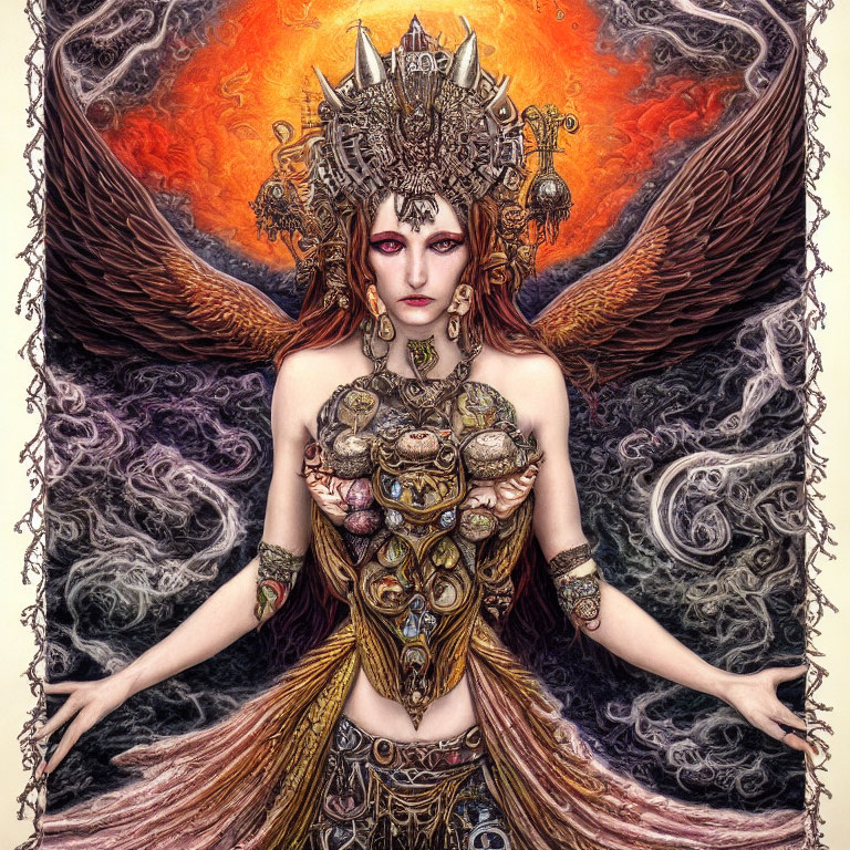 Golden-armored female figure with crown and dark wings on fiery orange background