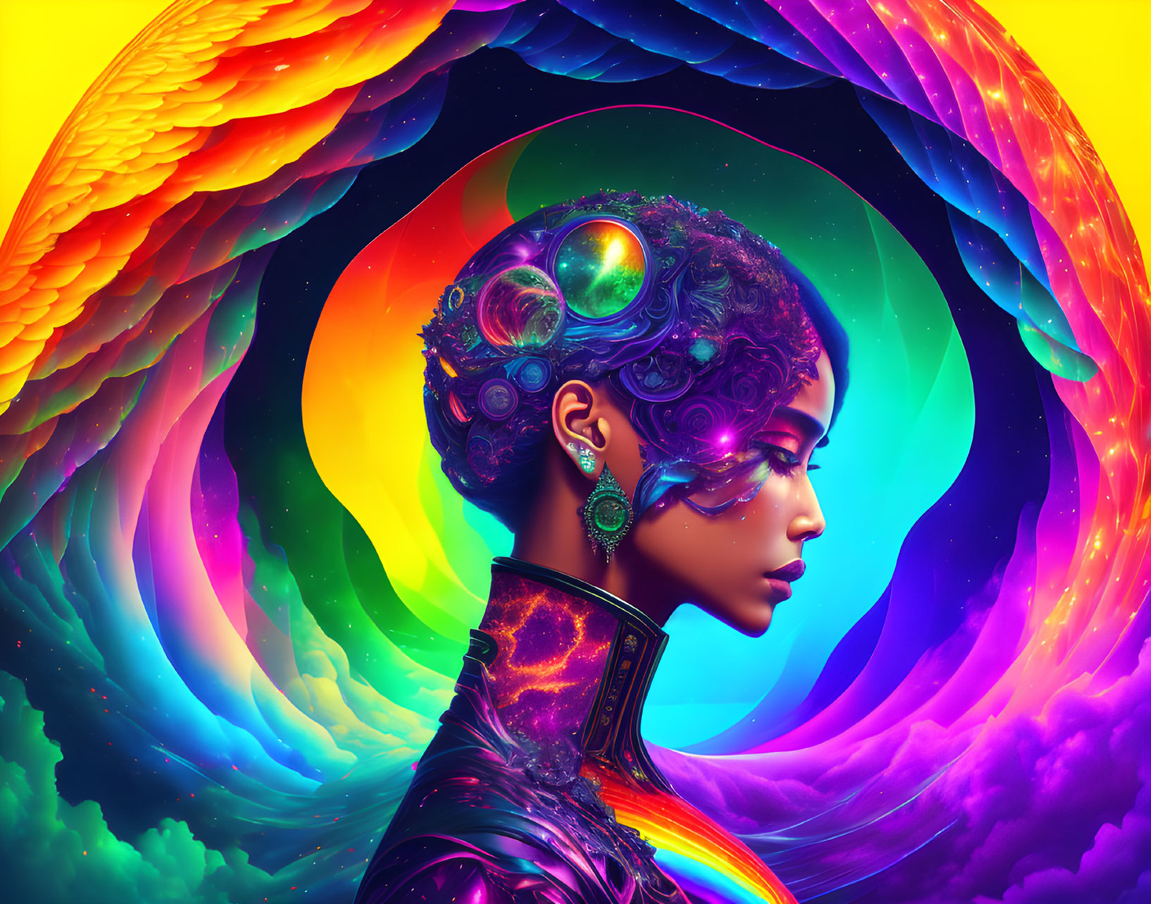 Colorful Cosmic-Themed Headpiece on Woman in Abstract Portrait