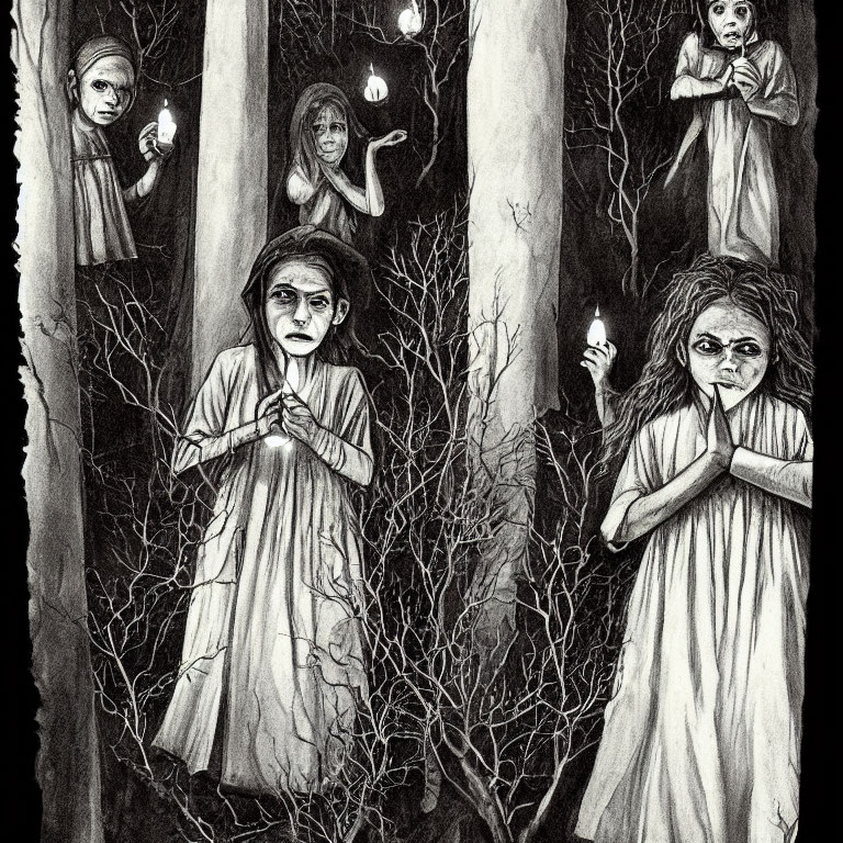 Monochrome illustration of eerie children with lanterns in dark forest