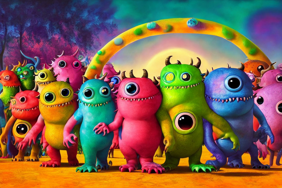 Vibrant cartoon monsters with rainbow backdrop