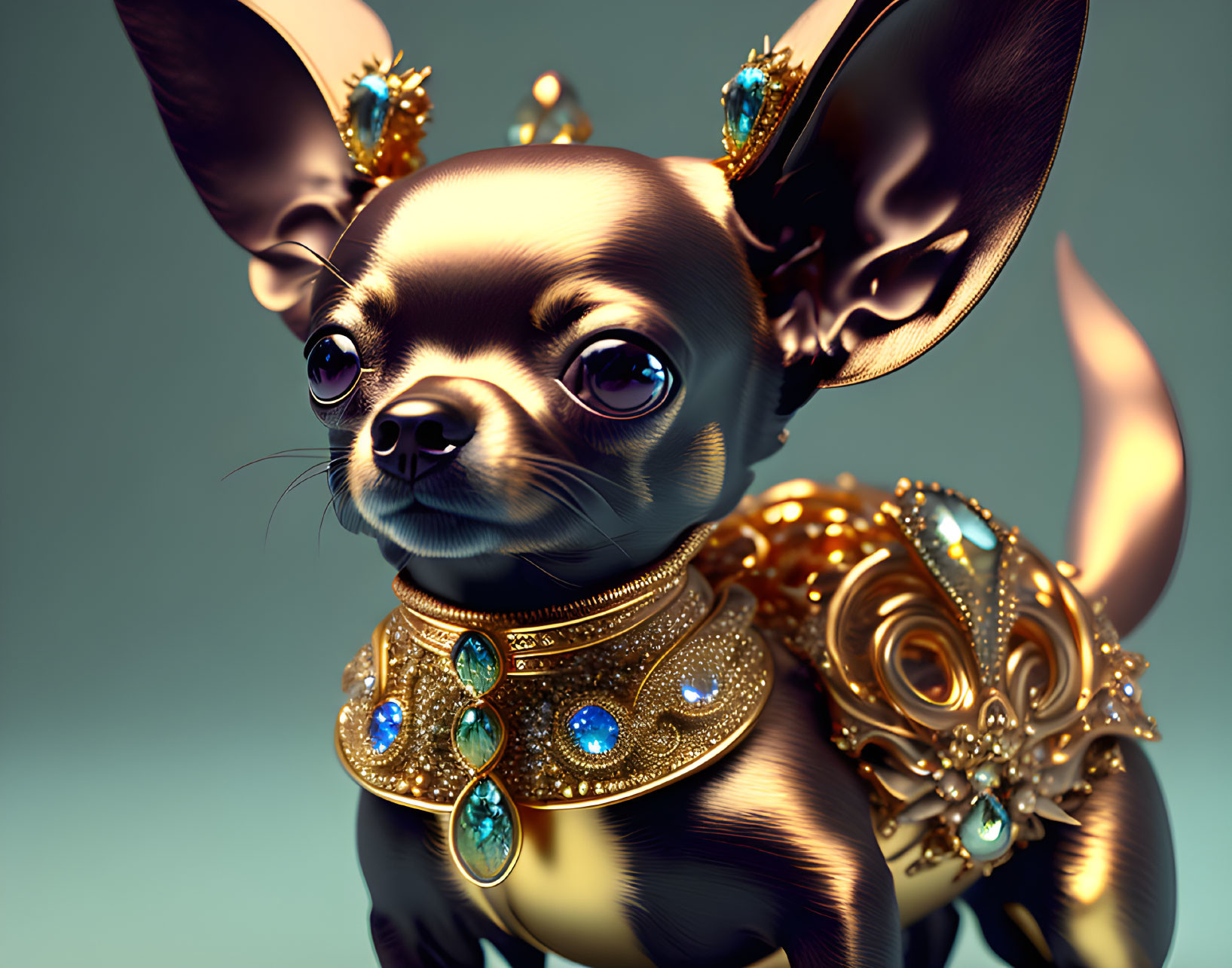 Golden, Gem-Studded Royal Attire on Fantasy Chihuahua against Teal Background