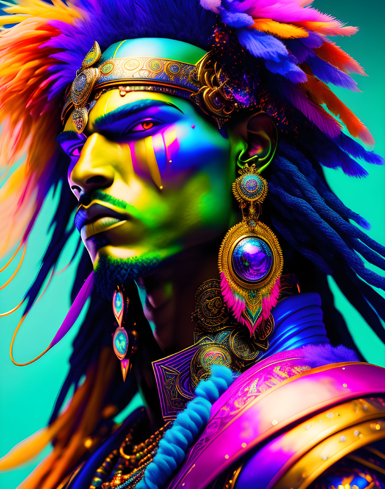 Colorful digital artwork of male figure with blue skin and gold jewelry on neon background