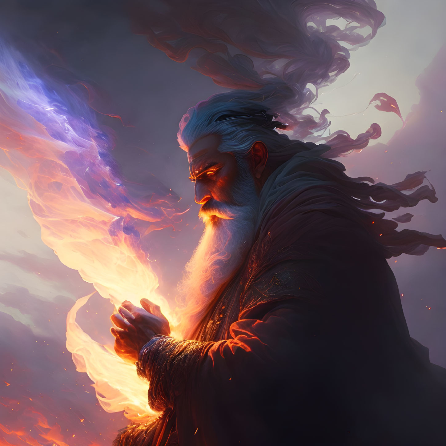 Elderly wizard conjures flame with mystical smoke in sunset sky