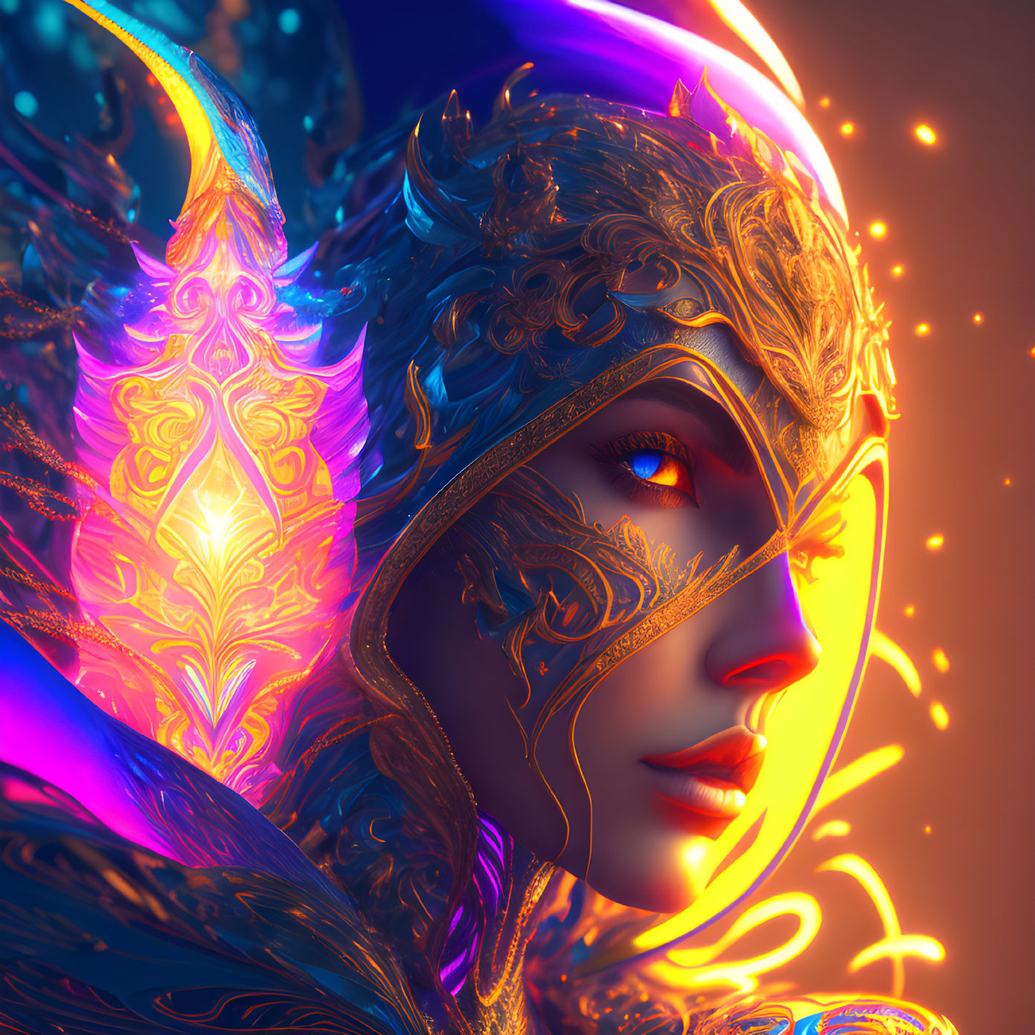 Detailed Digital Art: Character in Glowing Blue and Orange Armor