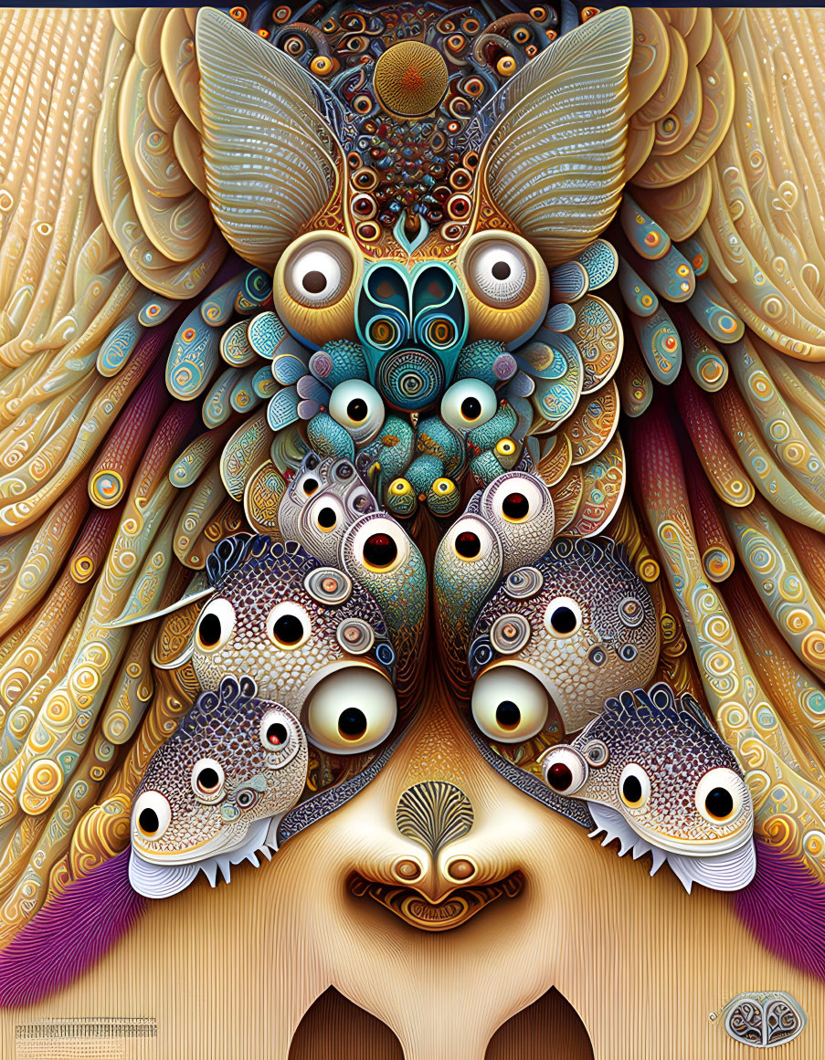 Colorful digital artwork of stylized multi-eyed cat face with abstract patterns in warm tones