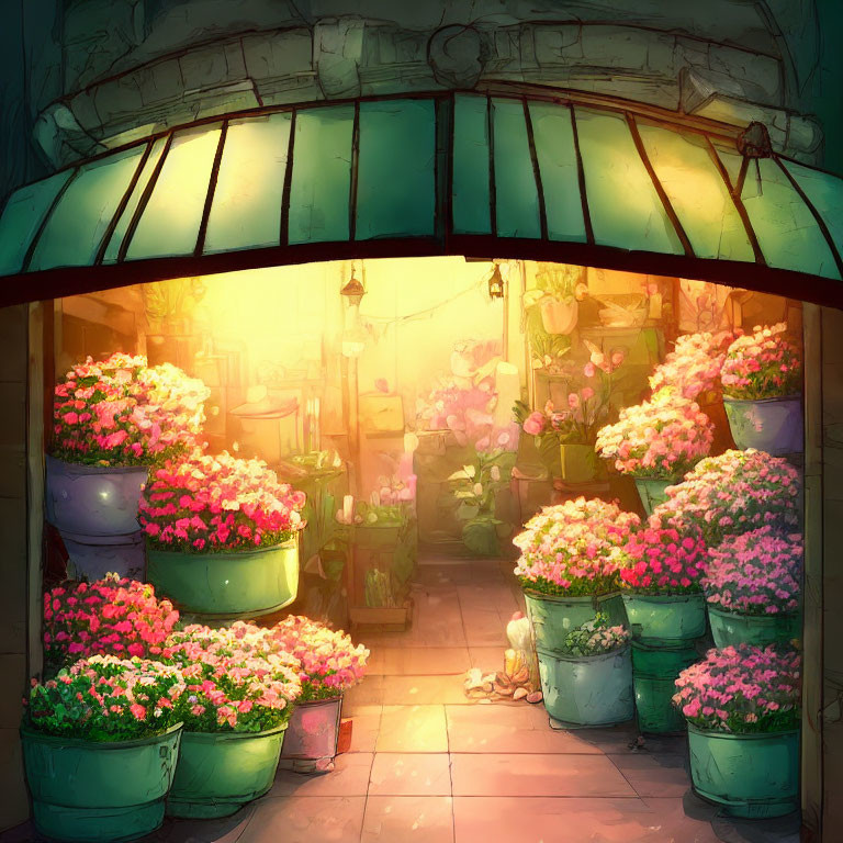 Flower Shop Entrance with Blooming Pink Flowers in Golden Sunlight