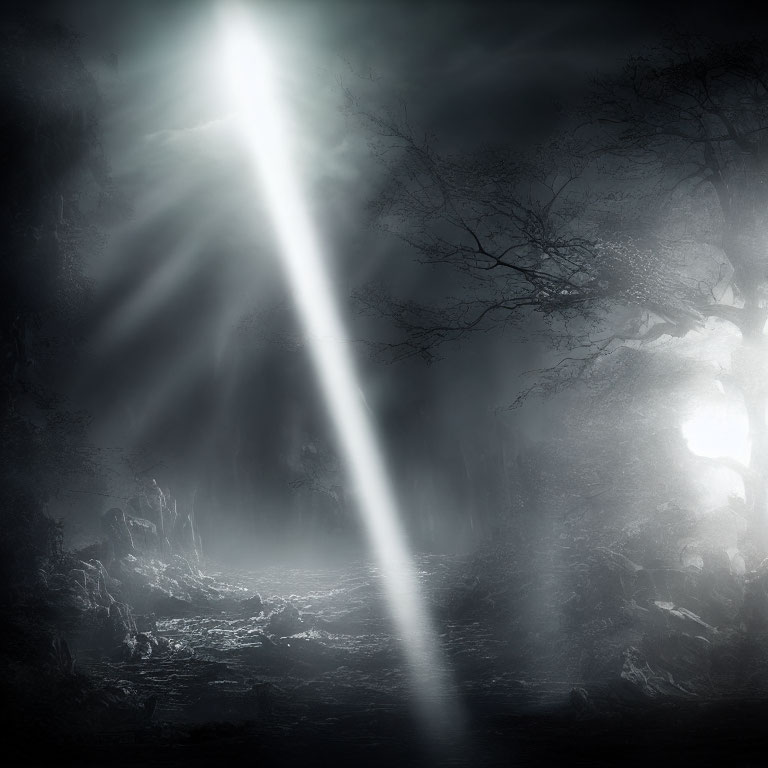 Enchanting forest scene with light beam in foggy ambiance