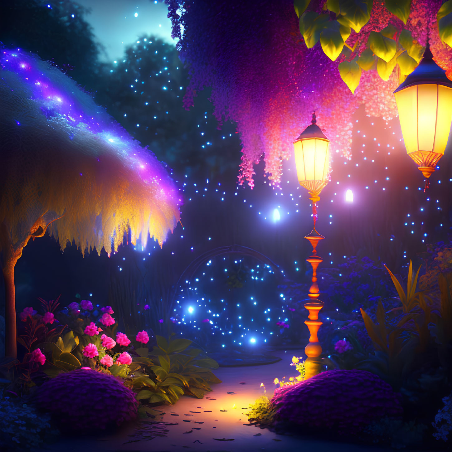 Enchanting night garden with glowing lanterns, starry sky, magical archway, flowers,