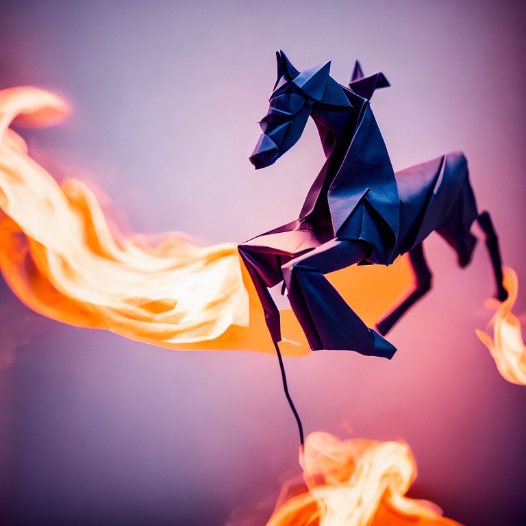 Flaming background enhances origami horse's fiery appearance