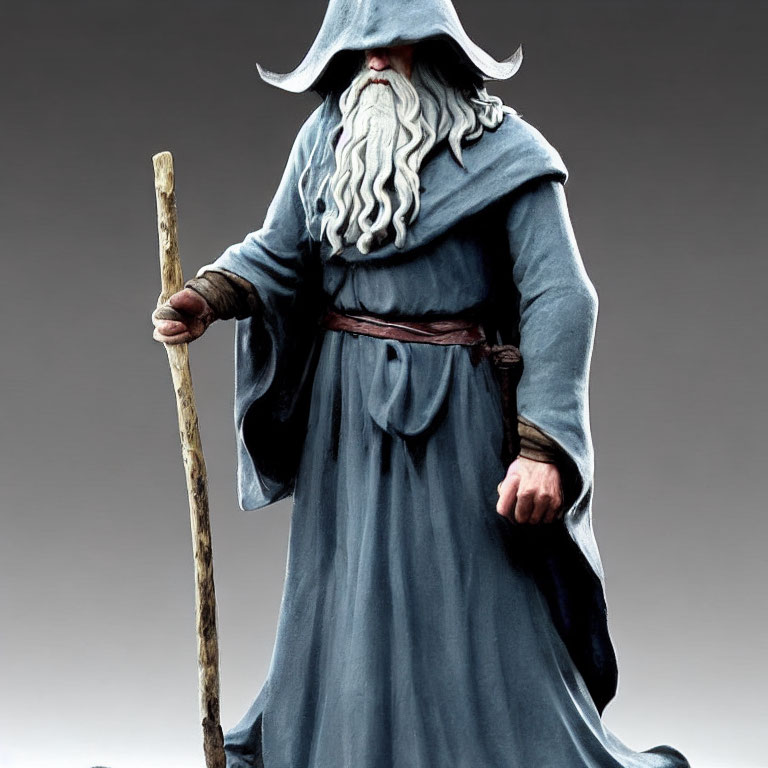 Wizard in Blue Cloak with Long White Beard and Wooden Staff