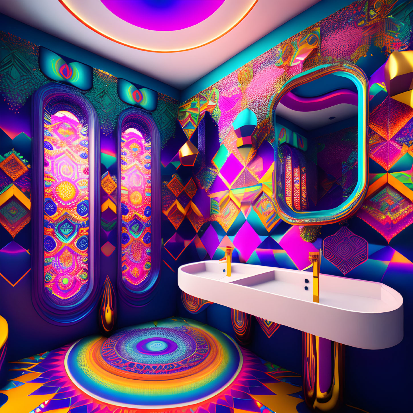 Colorful Psychedelic Bathroom with Neon Decor and Modern Fixtures