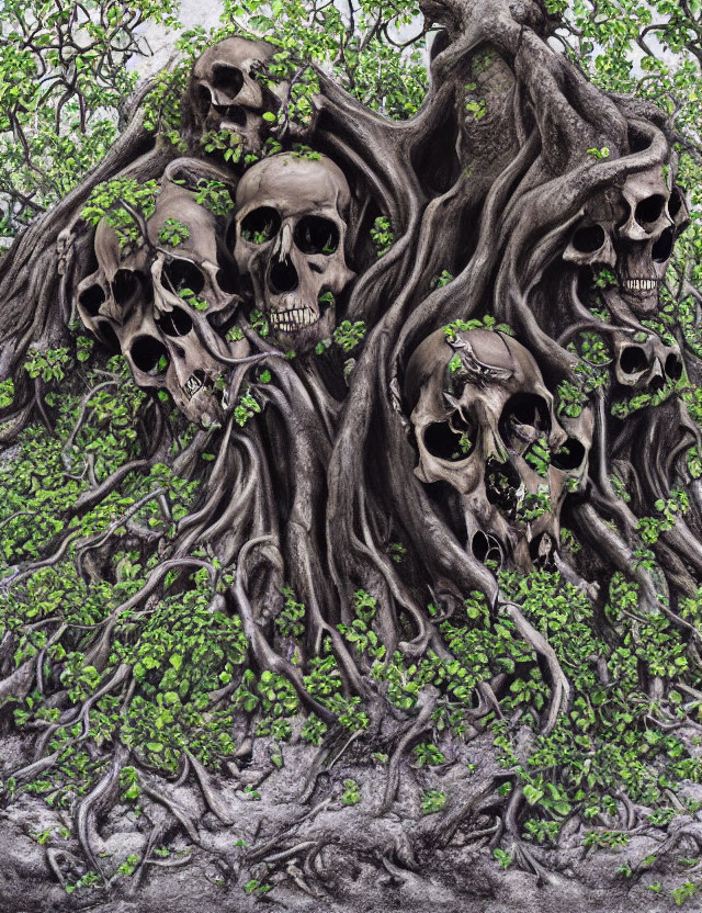 Sinister tree illustration with skull-shaped branches in dense foliage