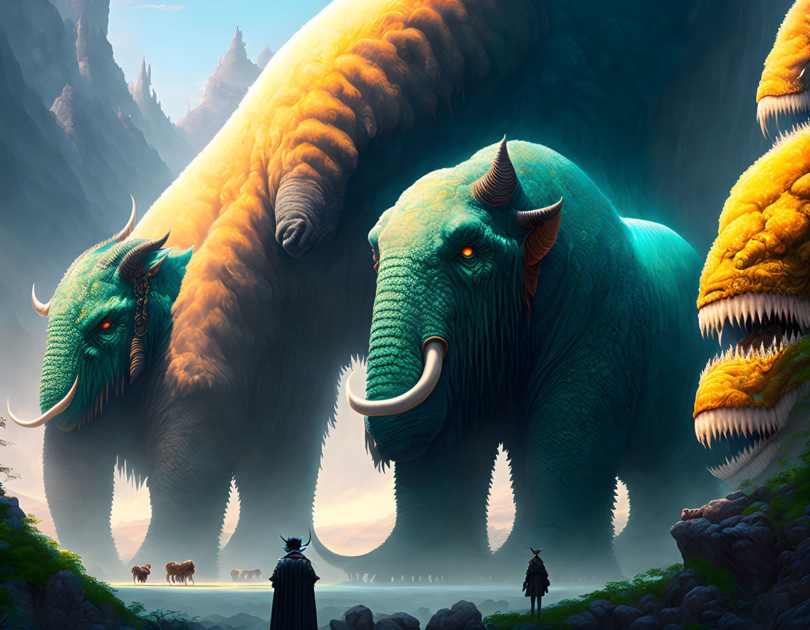 Fantasy landscape with colossal horned creatures in forest
