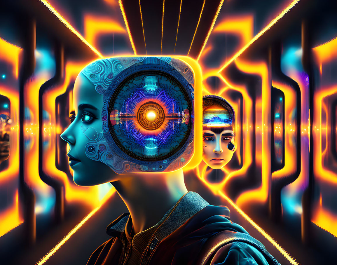 Digital artwork: Person with cyborg-like head in neon-lit futuristic corridor