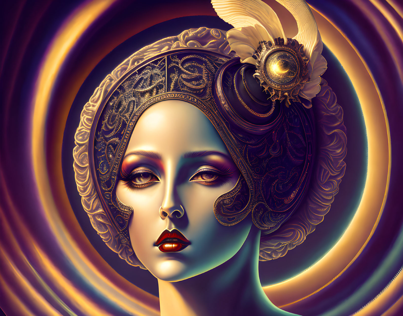 Detailed digital portrait of woman with ornate headdress and feather against golden spiral backdrop