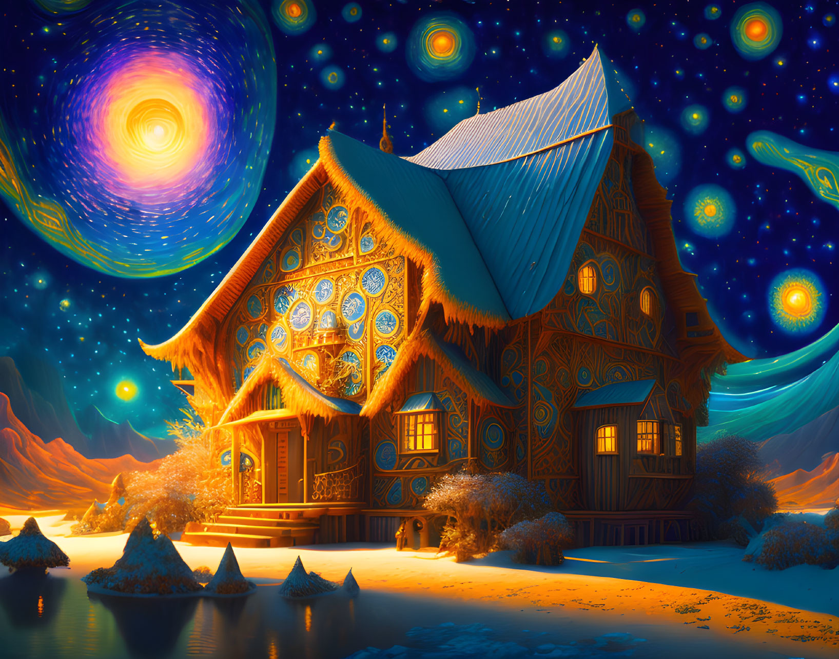 Whimsical cottage with intricate designs under swirling night sky