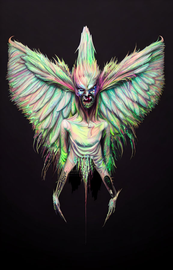 Menacing creature with iridescent wings and skeletal face on dark background