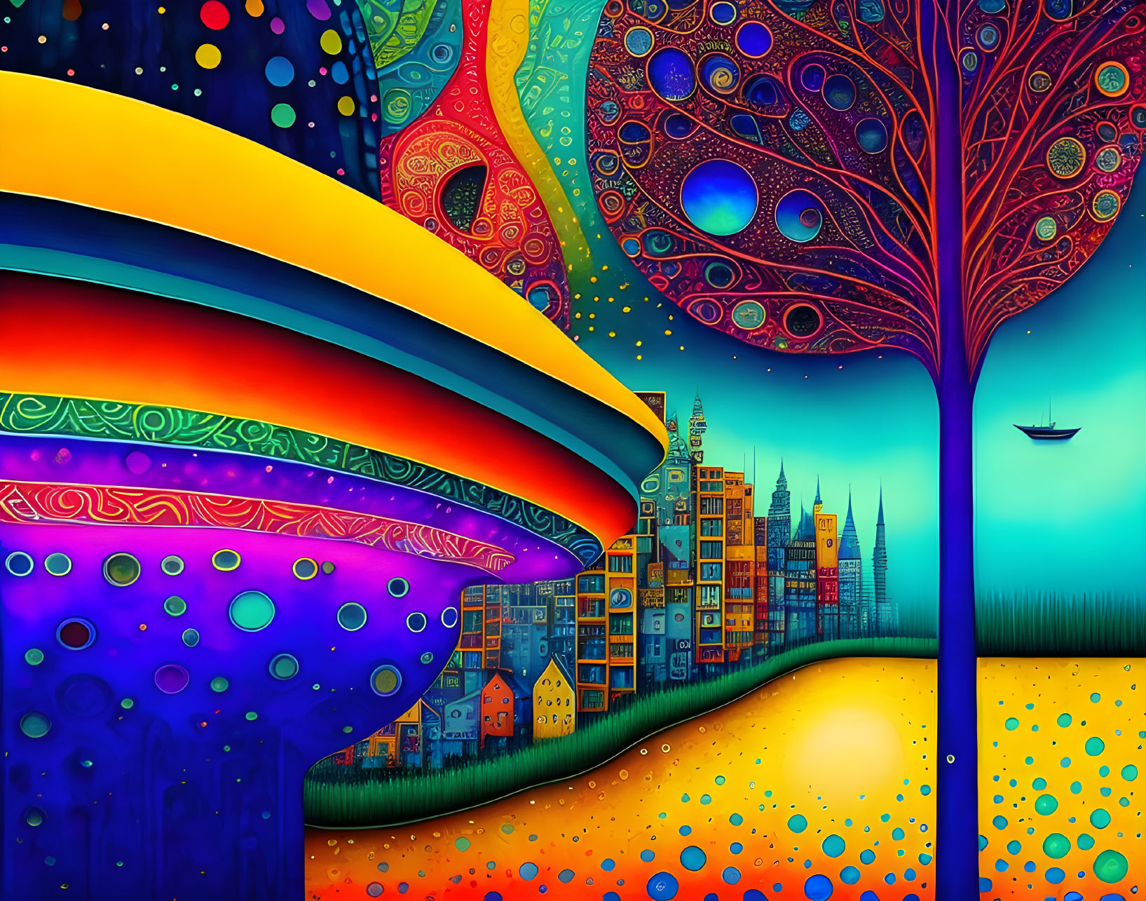 Colorful Landscape Artwork with Rainbow, Whimsical Buildings, and Patterned Tree