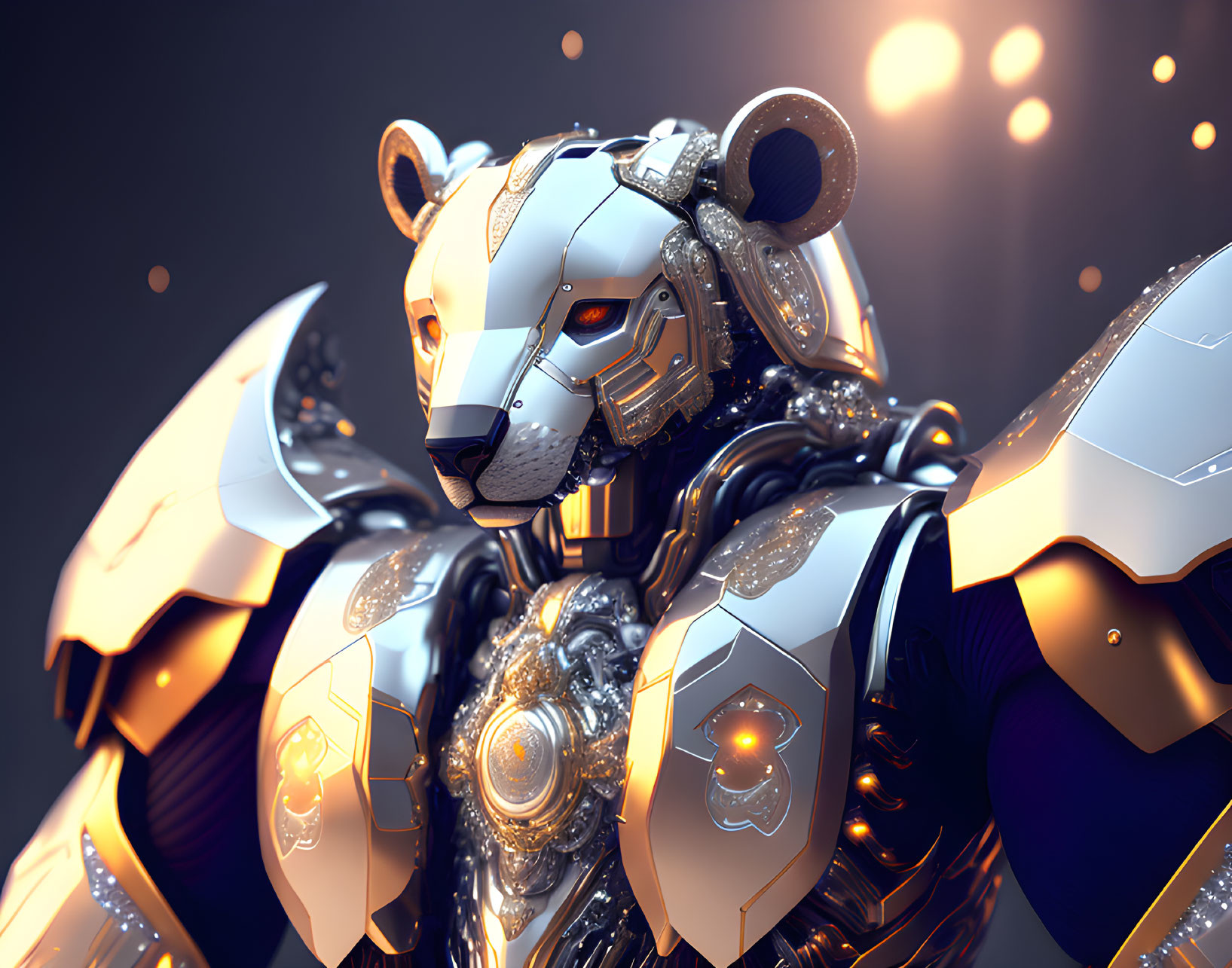 Detailed 3D illustration: Mechanical lion in white and gold armor on warm glowing backdrop