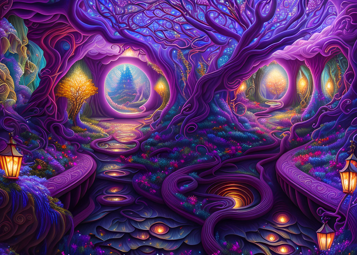 Colorful fantasy landscape with glowing orbs and luminous tree