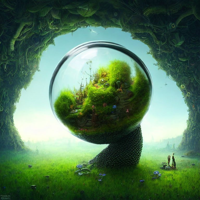 Transparent sphere with lush green landscape and tiny houses in fantastical scene.