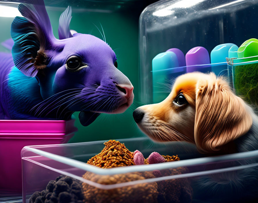 Digitally-altered image: Purple fish with cat-like features and dog with colorful pet food.