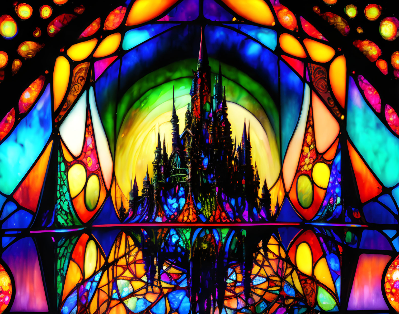 Colorful Stained Glass Window Featuring Gothic Castle Silhouette