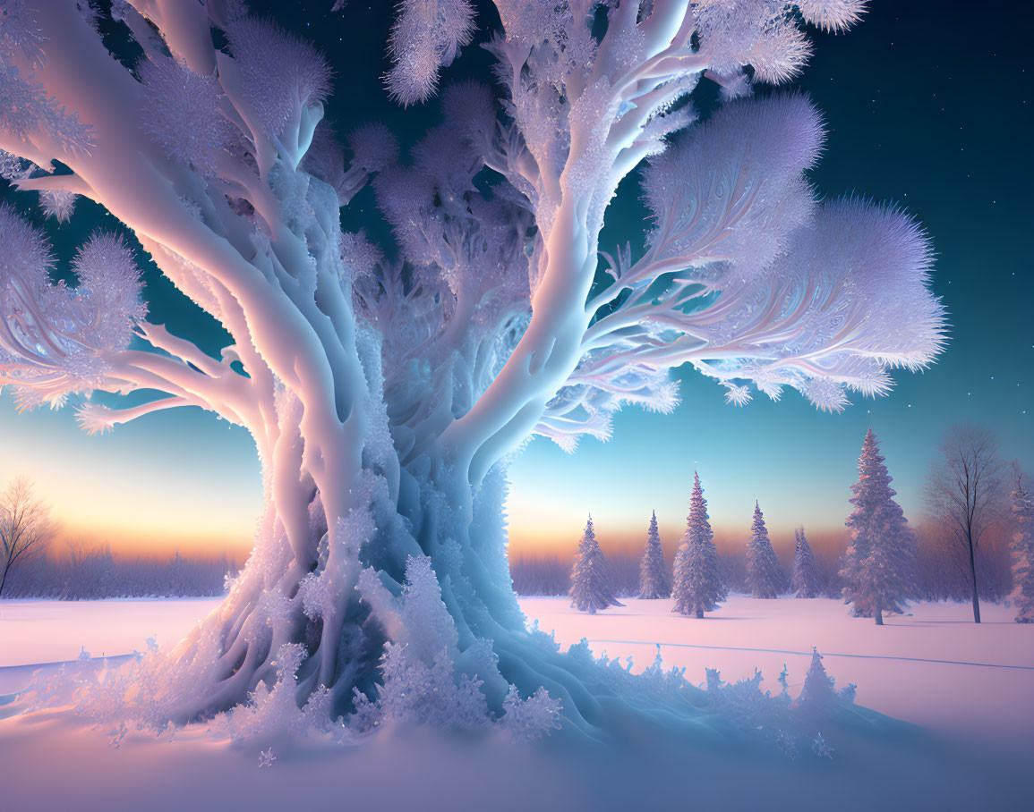 Snowy tree with frost-covered branches in tranquil winter landscape at sunrise