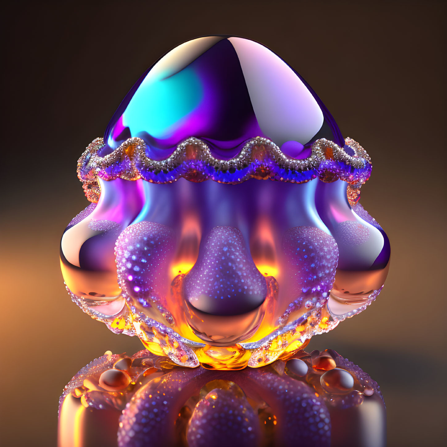 Iridescent jellyfish-like object with pearl-adorned top on amber backdrop
