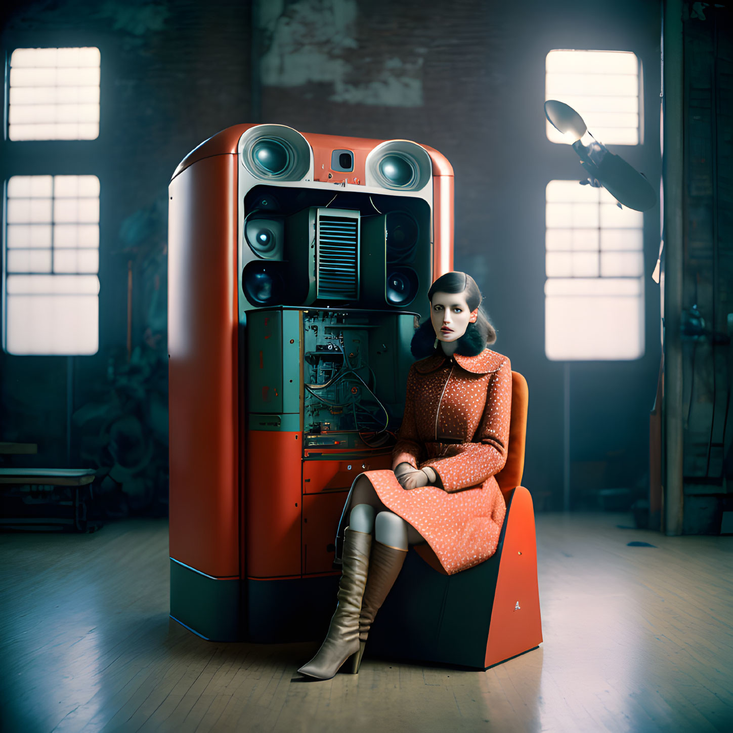 Vintage orange dress woman next to retro-futuristic jukebox in dimly lit room
