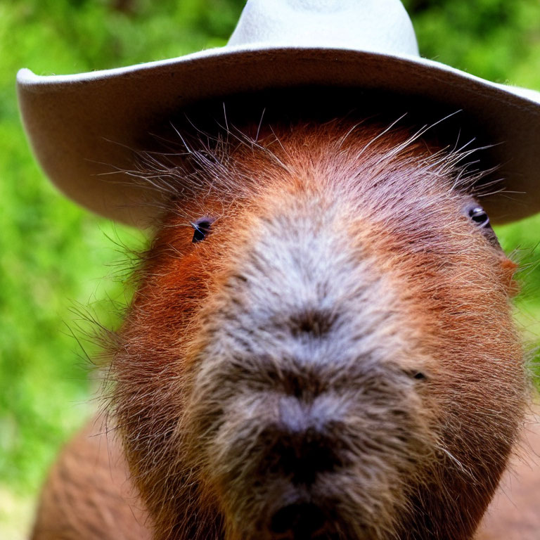 Capybara with Tan Cowboy Hat in Close-up