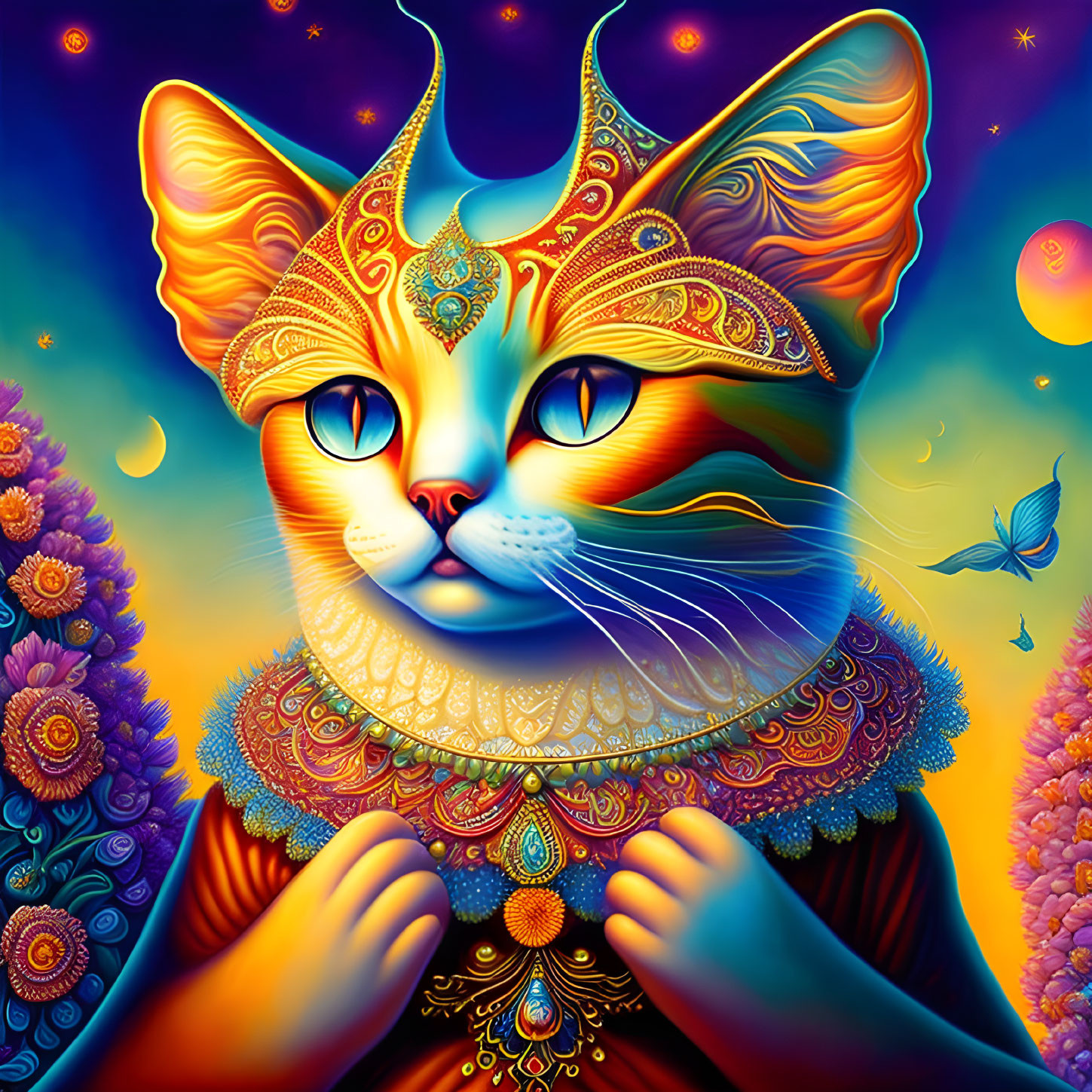 Colorful Stylized Cat Illustration with Floral and Celestial Background