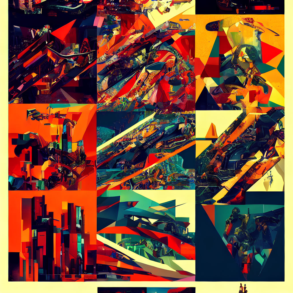Vibrant Digital Collage: Abstract Geometric Shapes & Futuristic Cityscapes