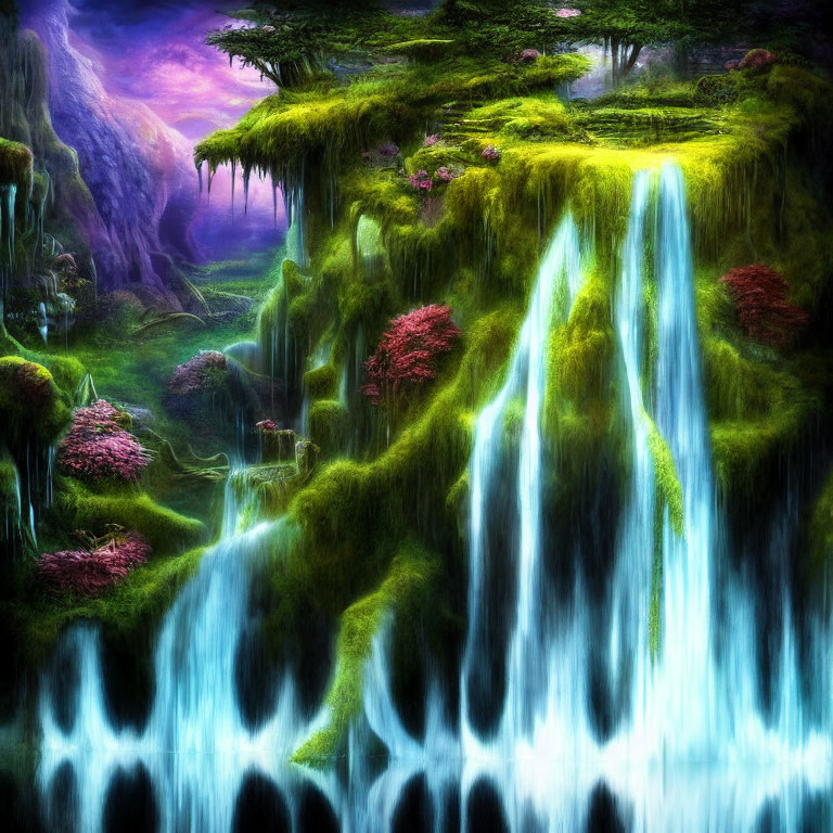 Luminous waterfalls in a vibrant fantasy landscape