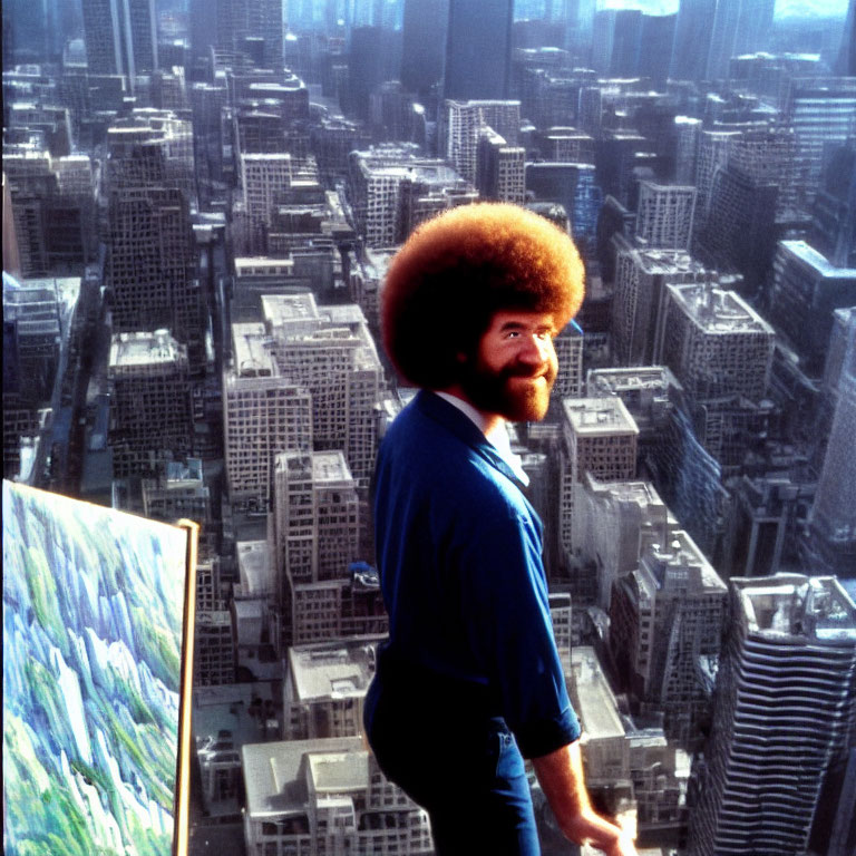 Bearded man with afro painting on skyscraper ledge