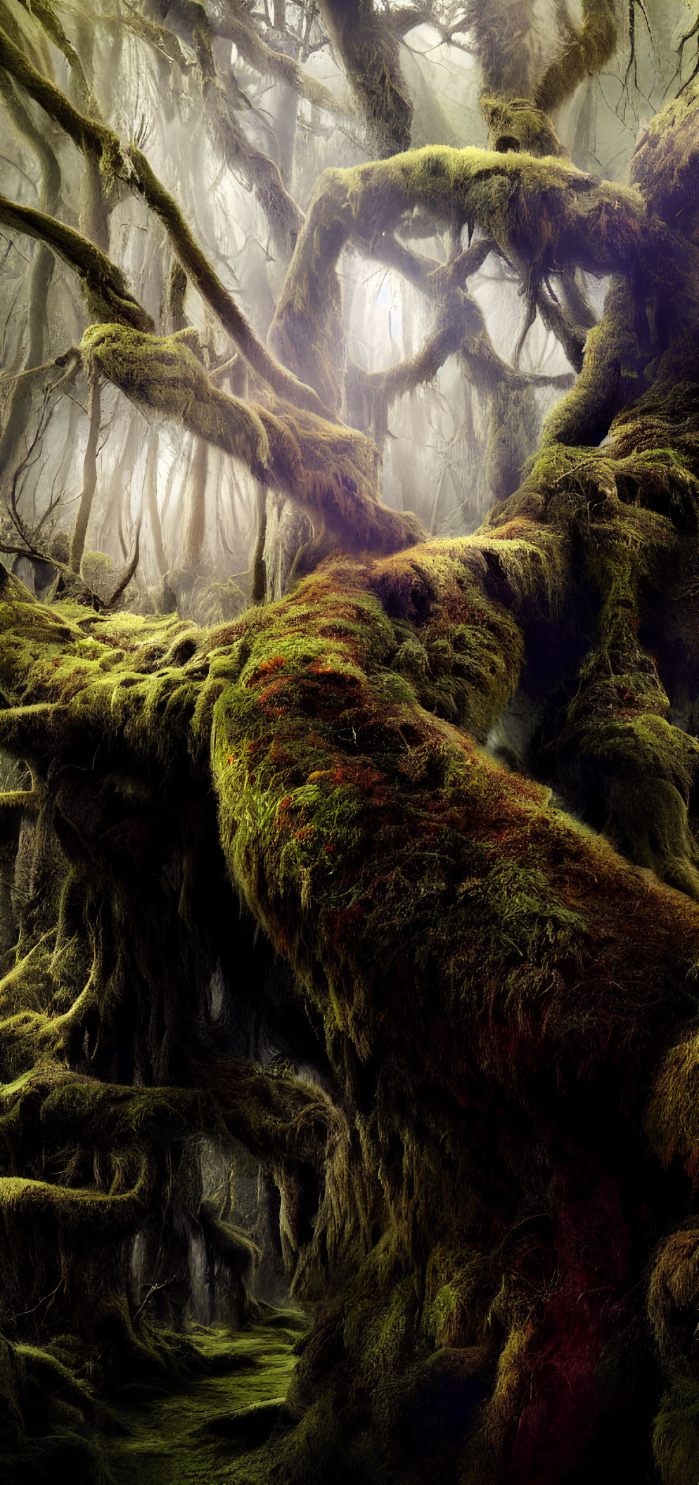 Mystic foggy forest with twisted moss-covered trees