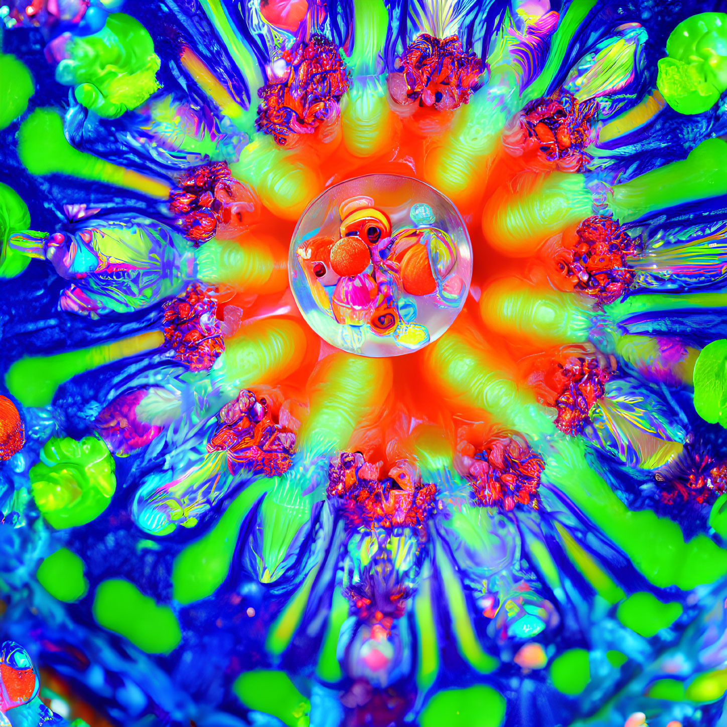 Colorful Psychedelic Close-Up of Central Bubble and Intricate Patterns