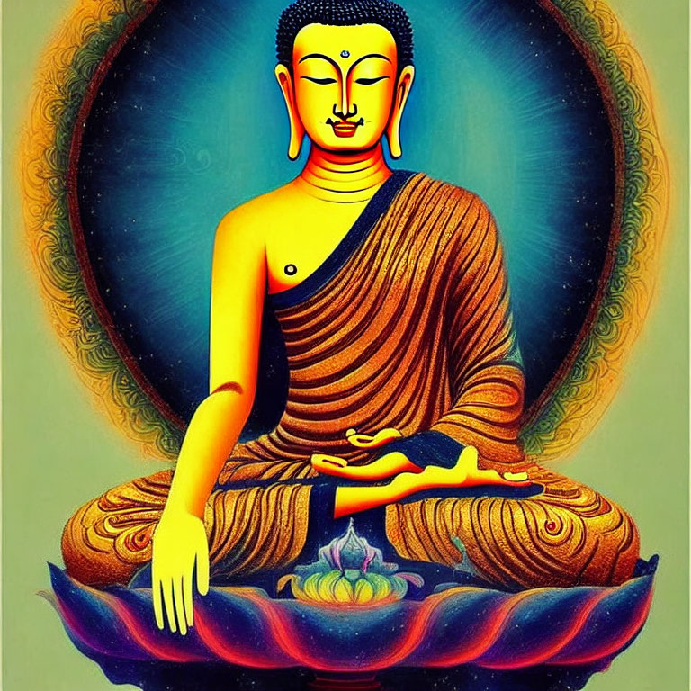 Vibrant illustration: Meditating figure in orange robes on lotus