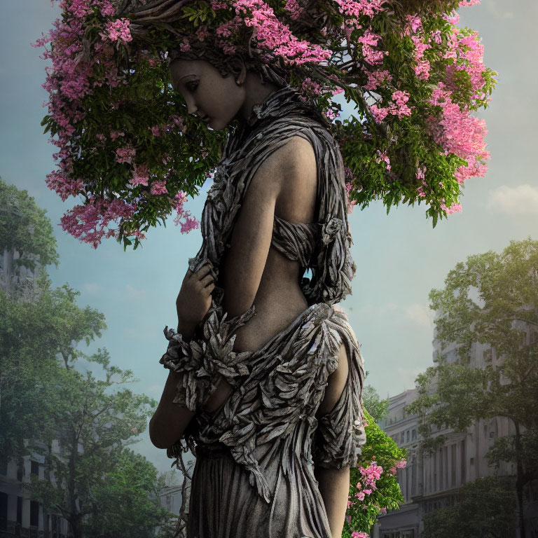 Digital artwork features woman with tree-like elements in leafy dress and blooming tree headdress against urban