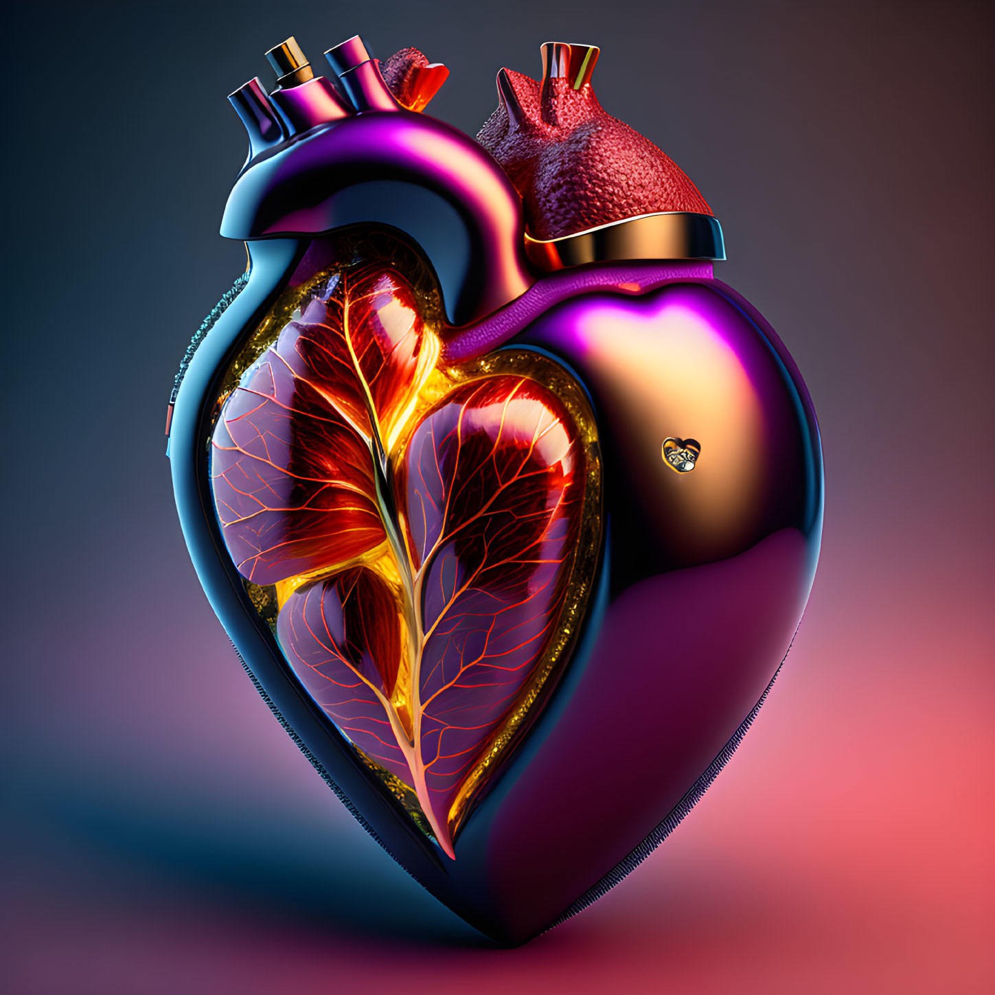 Stylized metallic human heart with golden vascular system on gradient background