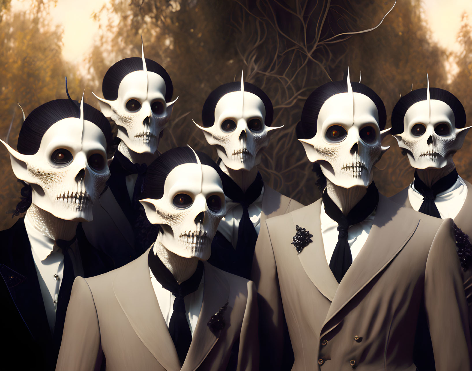 Seven Figures in Skull-Face Masks in Formal Attire Against Autumnal Background