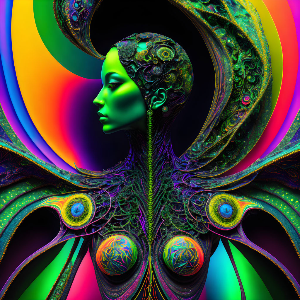 Colorful artwork: Woman with peacock-inspired mechanical design