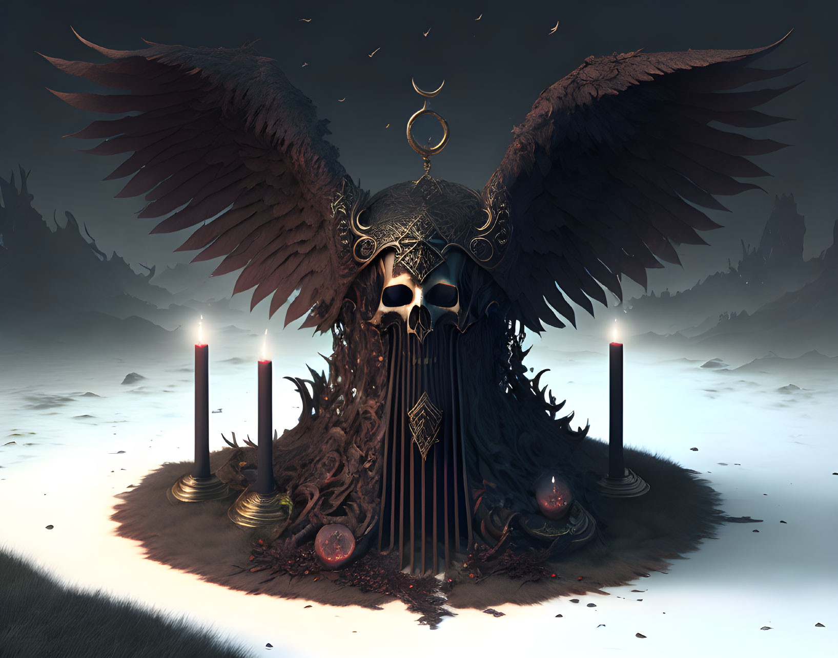 Mystical dark artwork: skull with wings and horns, candles, gems, foggy background