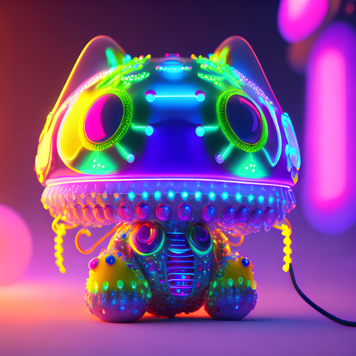 Vibrant digital illustration of stylized robotic toad with neon lights