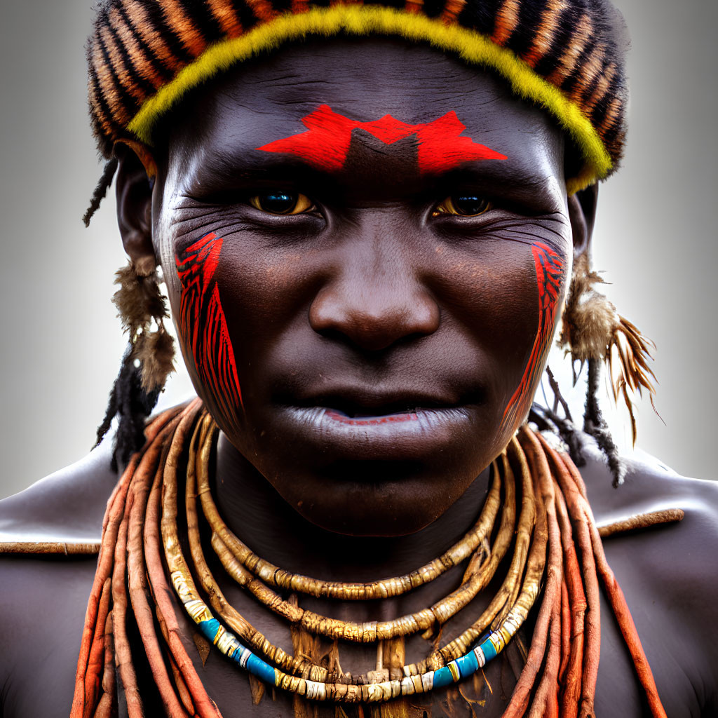 Portrait of individual with traditional face paint and headdress.