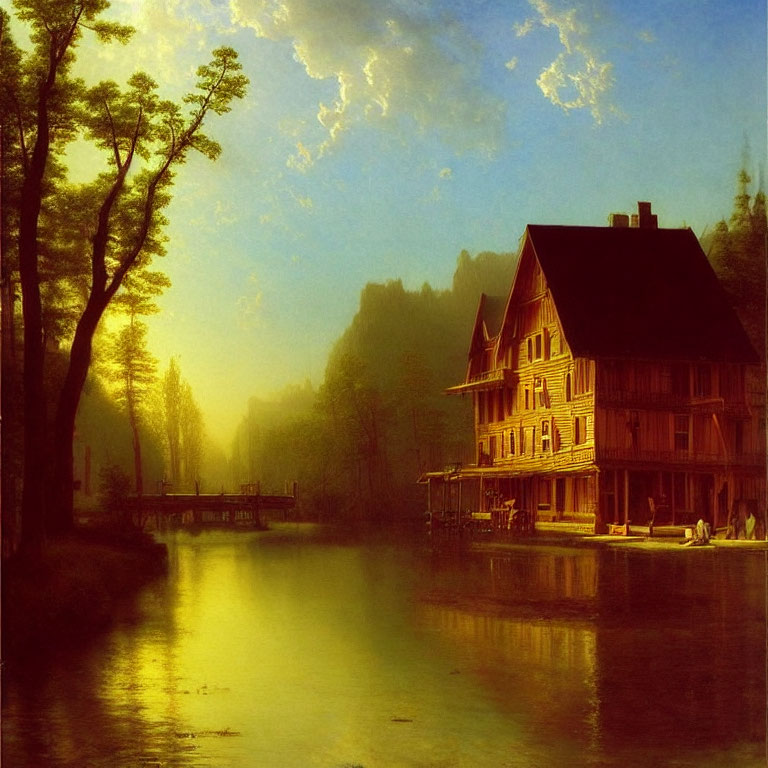 Riverside wooden house in golden sunlight by misty mountains