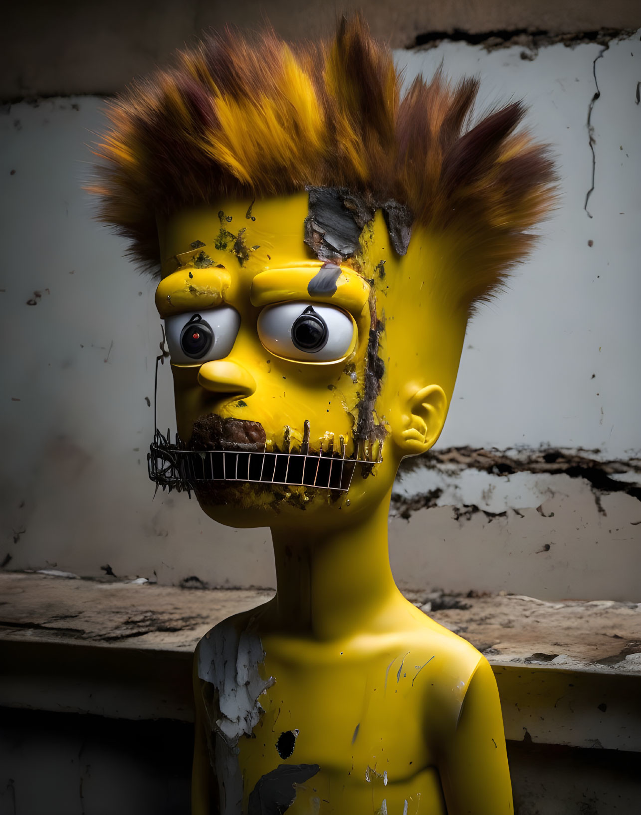 Worn Bart Simpson-like figurine against grungy wall